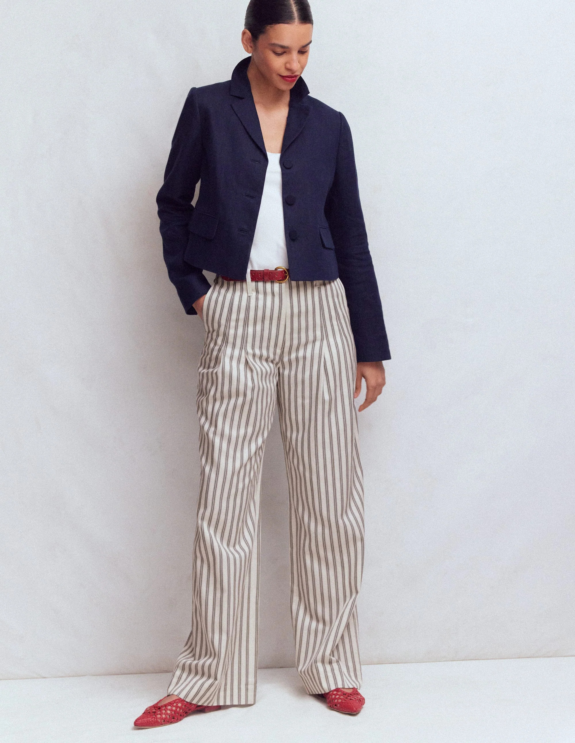 Mayfair Tailored Trousers-Ivory, Navy Stripe | Boden UK