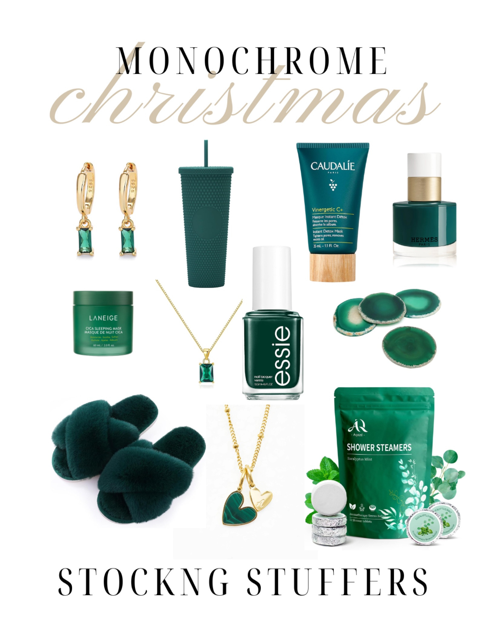 Monochrome Christmas theme - emerald! Stocking stuffers and gifts from skincare to self care to slippers nail polish necklace coasters earrings water bottle and more! 

#LTKSeasonal #LTKHoliday #LTKGiftGuide