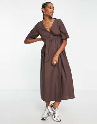 ASOS DESIGN wrap smock midi dress in chocolate | ASOS (Global)