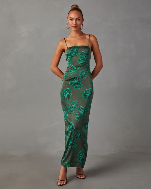 Ivy Satin Floral Slip Midi Dress - Green | VICI Collection