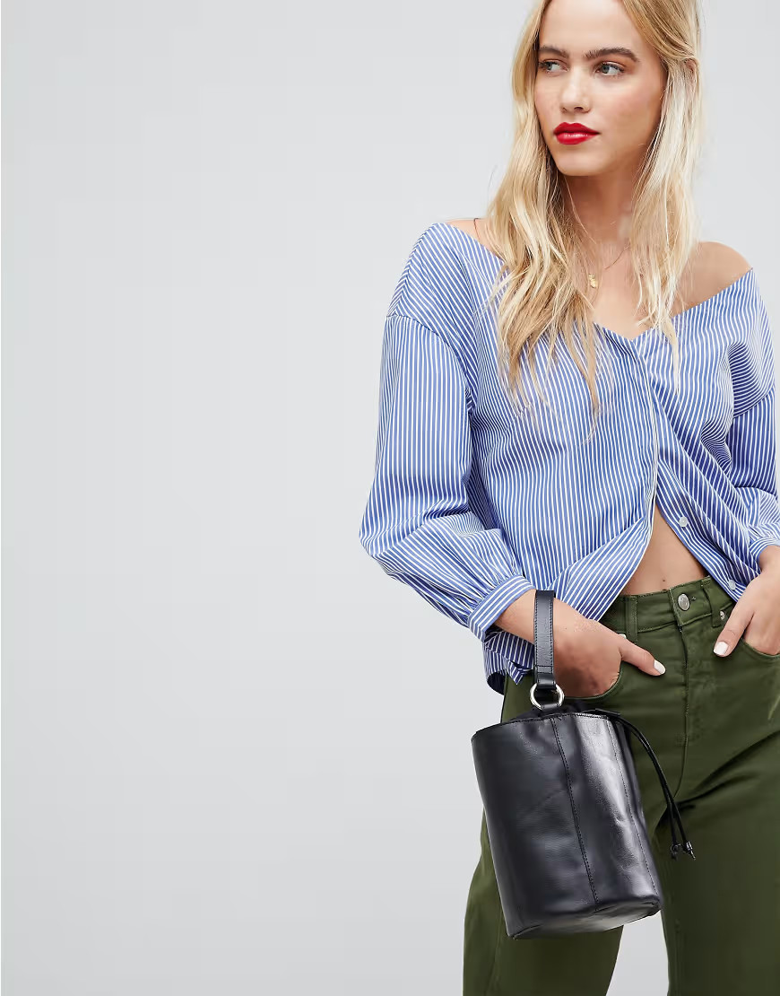 Whistles Pinstripe Off Shoulder Shirt-Blues | ASOS (Global)
