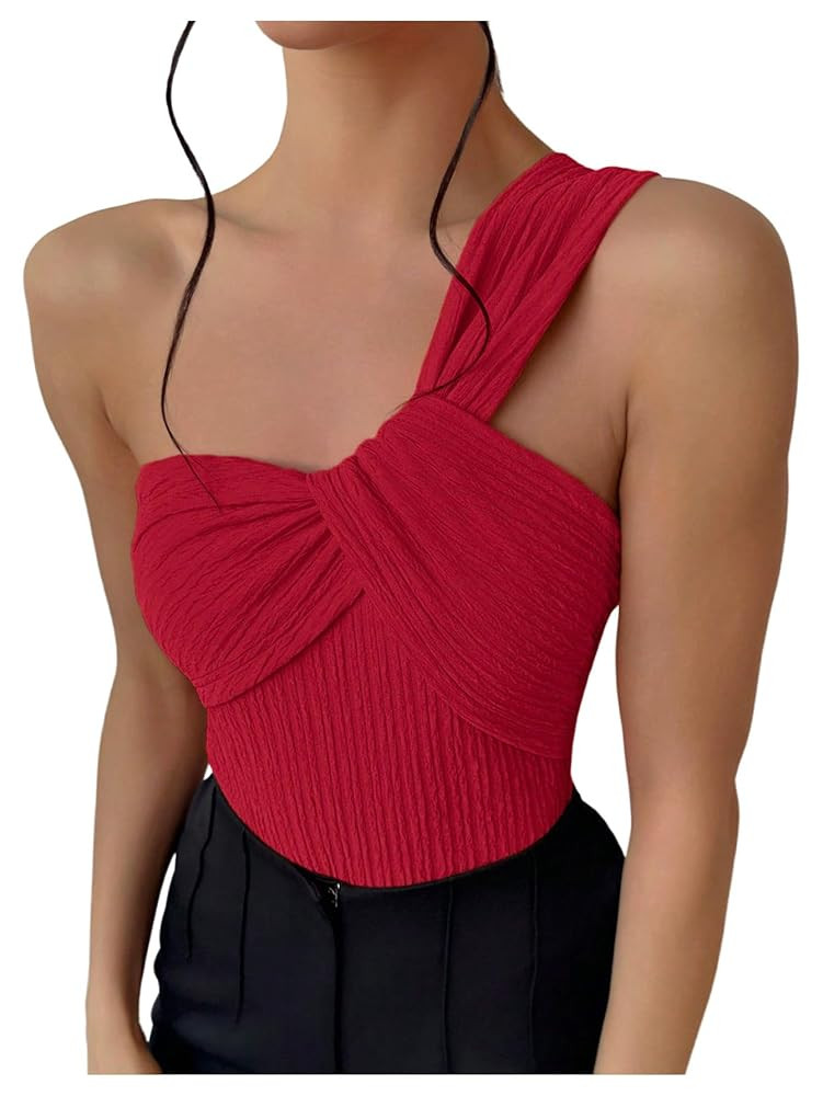 OYOANGLE Women's Textured One Shoulder Twist Front Ruched Bodysuit Sleeveless Tank Top Body Suits | Amazon (US)