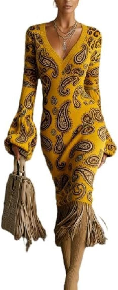 OSCORP Women’s Bohemian V-Neck Midi Dress with Long Sleeves,Flowy Printed Wedding Guest Dress w... | Amazon (US)