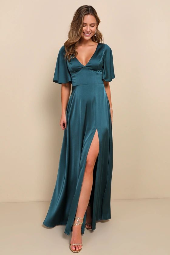 Elegant Confidence Teal Satin Flutter Sleeve Cutout Maxi Dress | Lulus (US)