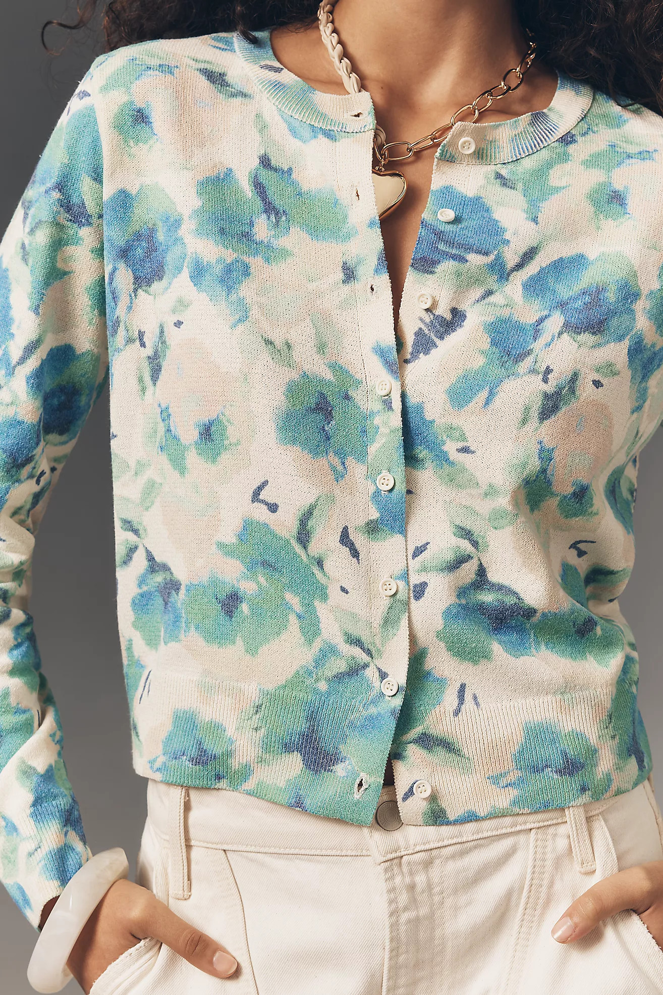By Anthropologie Long-Sleeve Floral Crew Cardigan Sweater | Anthropologie (US)