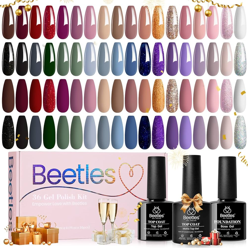 Beetles Gel Nail Polish Set, 36 Colors Neutral Pink Red Blue Green Brown Gold Glitter Gel Nail Po... | Amazon (US)
