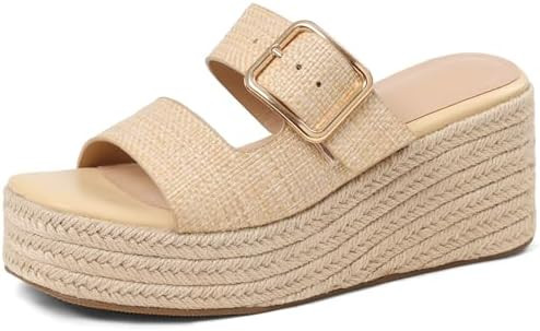 Platform Wedges Sandals for Women Summer Slip on Espadrille Flatform Slides Open Toe Adjustable B... | Amazon (US)