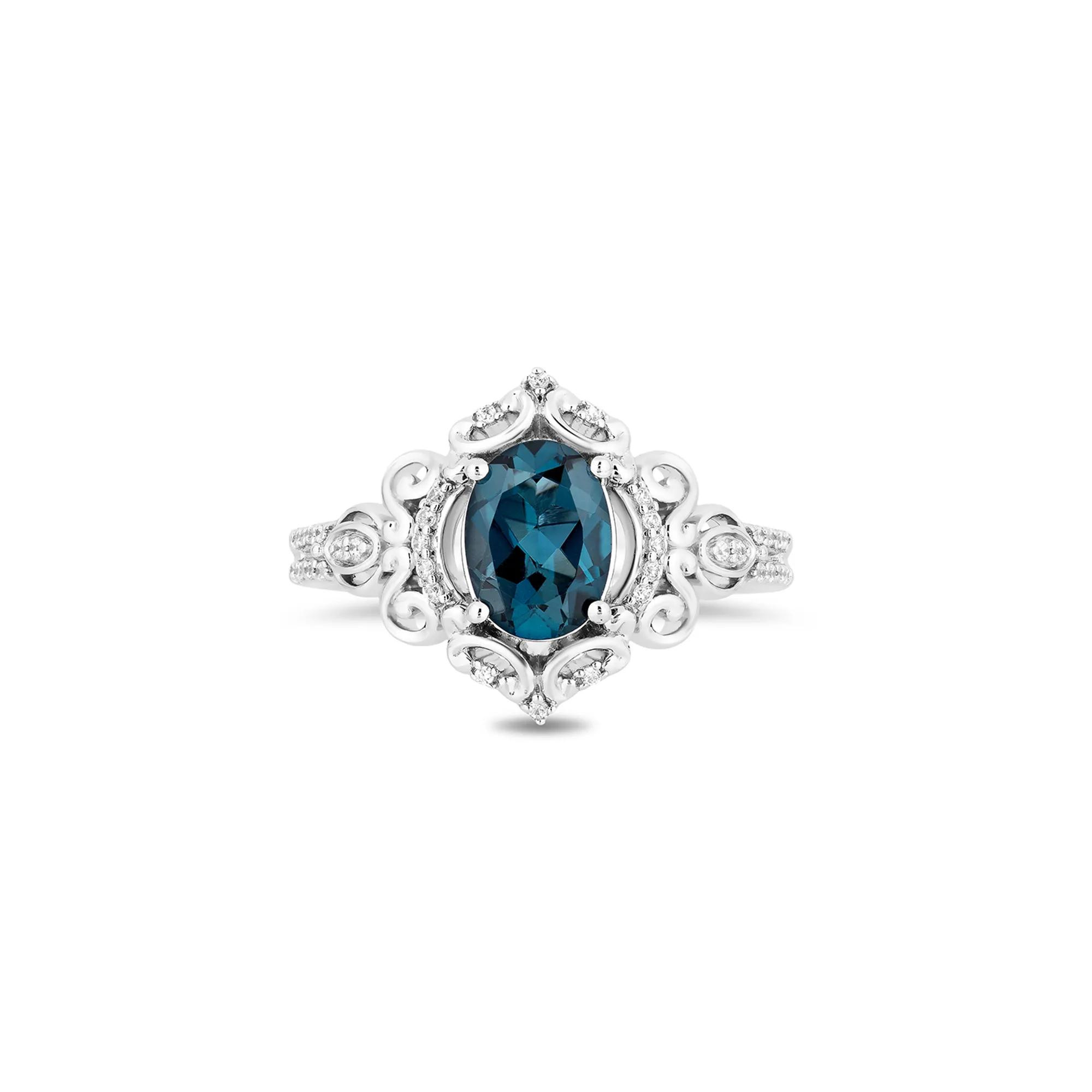 1/10 ct. tw. Diamond & London Blue Topaz "Cinderella" Scroll Ring | Sterling Silver | Round Brilliant Cut | White | Size 7 | Enchanted Disney | Helzberg Diamonds