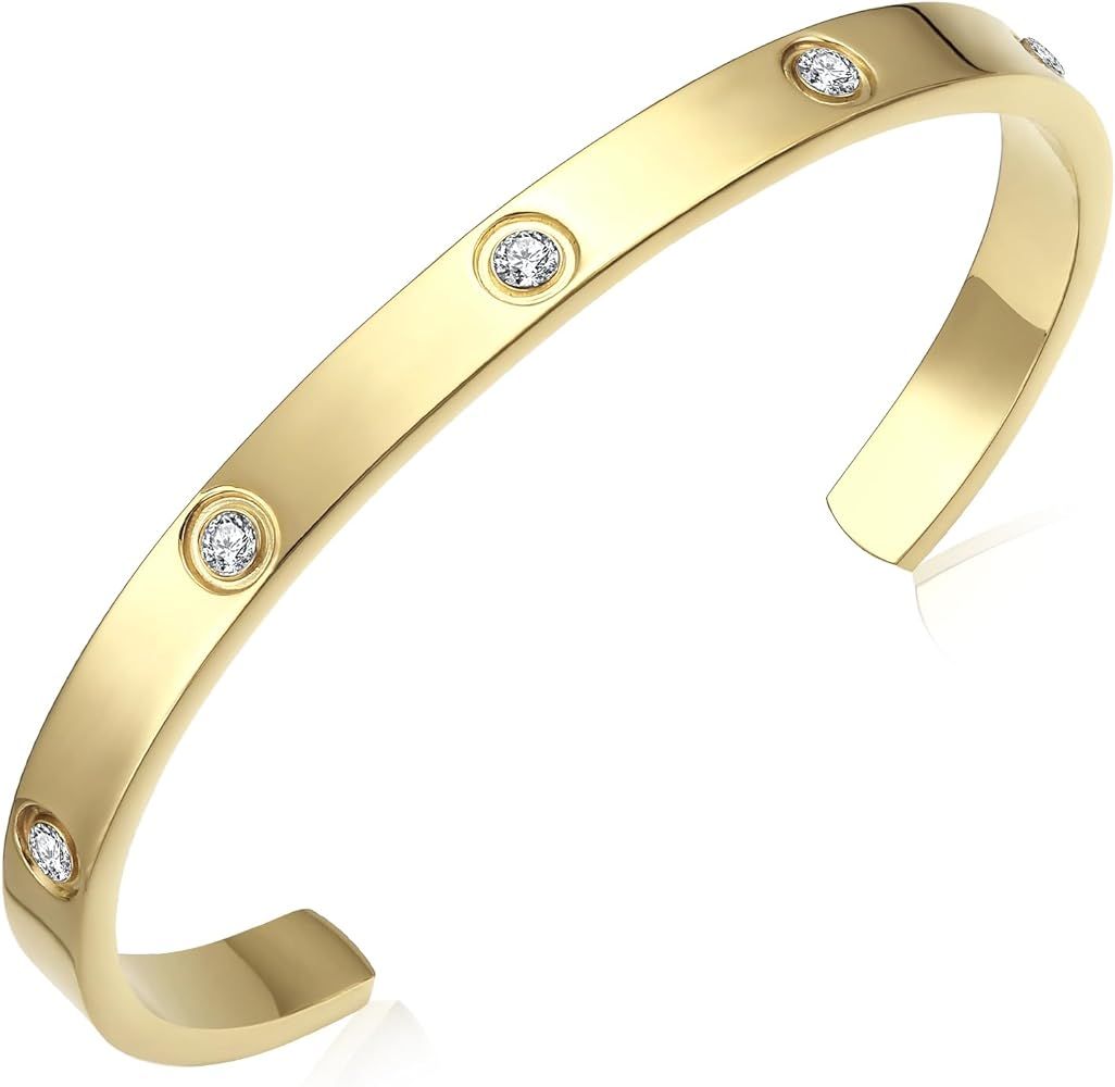 BOLAGTIER Gold Plated Bracelet with Cubic Zirconia Stones Stainless Steel Bangle Minimalist Cuff ... | Amazon (US)