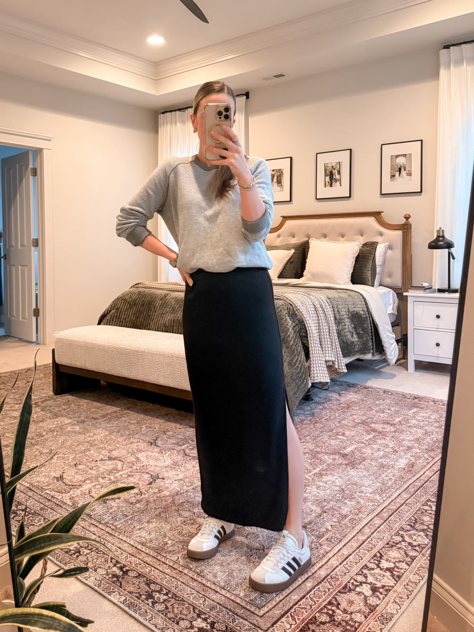 Black Maxi Skirt Outfit with Sneakers and Sweatshirt 

A casual black maxi skirt outfit styled with a relaxed sweatshirt and classic sneakers. A comfortable everyday look that blends sporty and classic style. Great for moms, travel days, and women building a capsule wardrobe with versatile basics.

#LTKootd #LTKmomlife