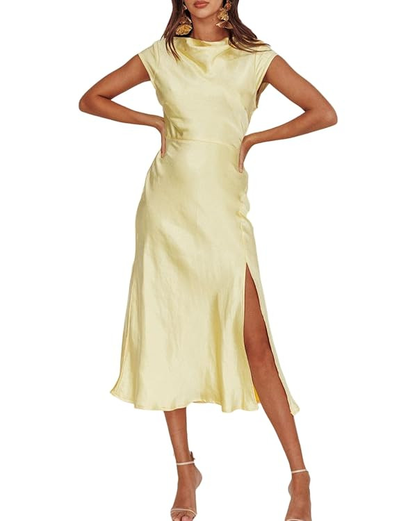 Women's Summer Satin Elegance Backless Twist Cap Sleeves Midi Dress 2025 Sexy Cowl Neck Slit Cock... | Amazon (US)