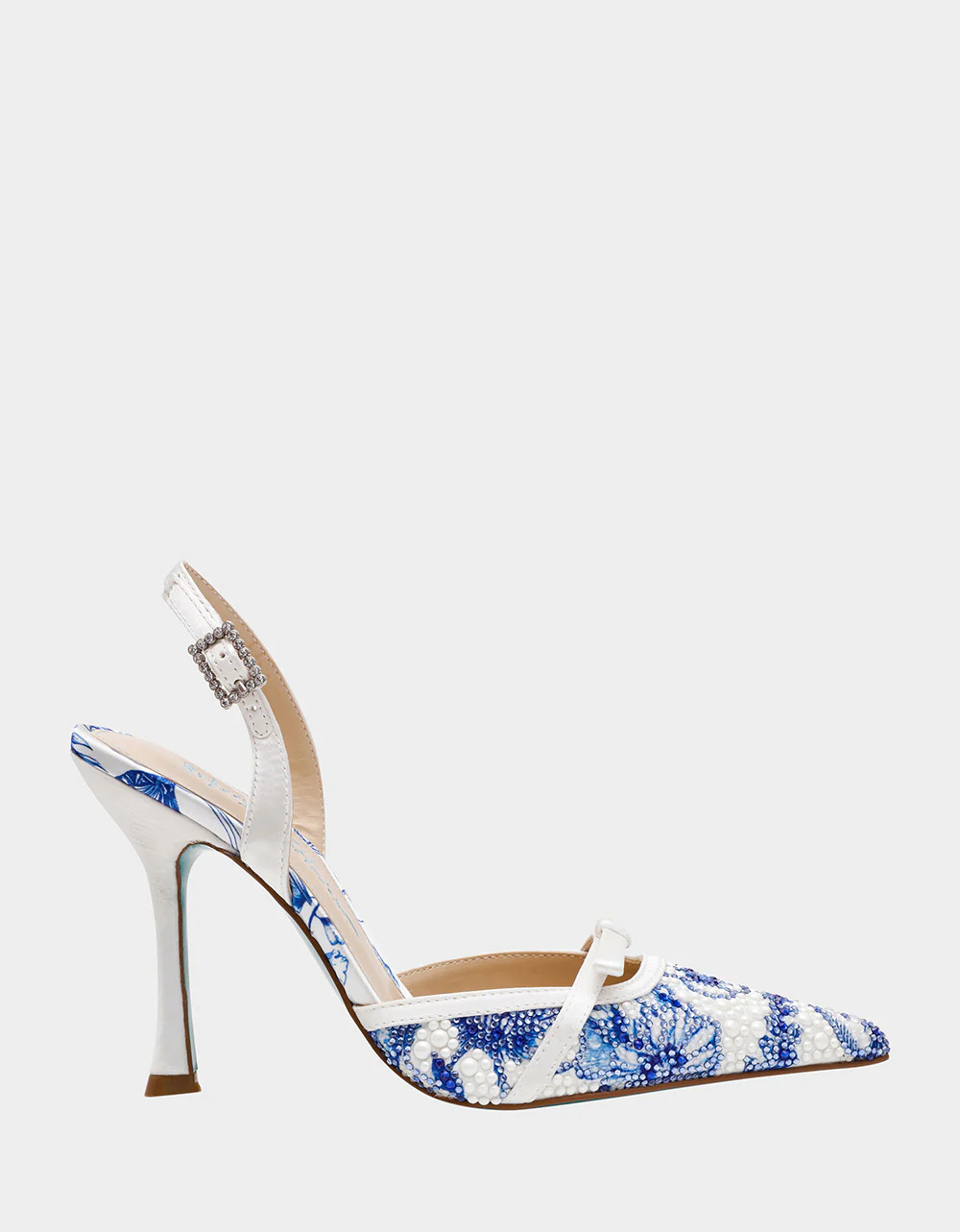 ROZA WHITE/BLUE FLORAL Women's Pointed Toe Stiletto Floral Heel | Betsey Johnson