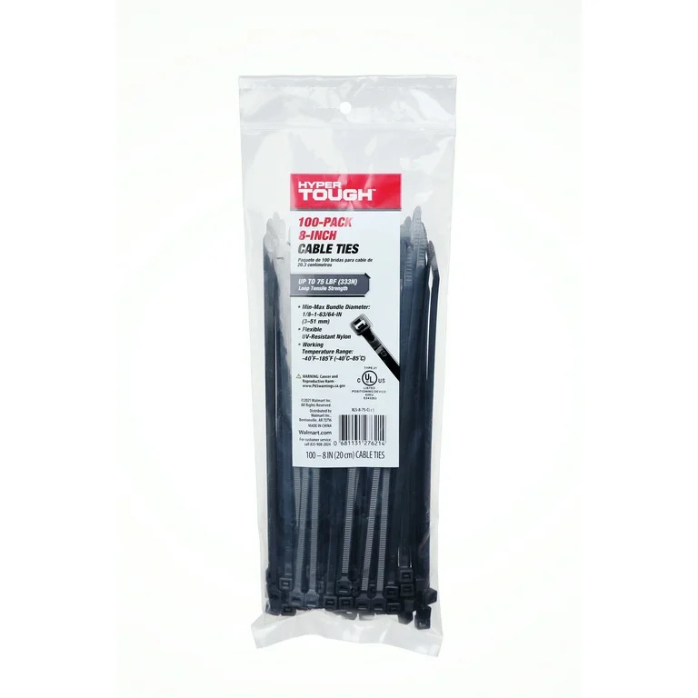 Hyper Tough 8 inch 75lb Cable Ties UV Resistant Black 100 Count - Walmart.com | Walmart (US)