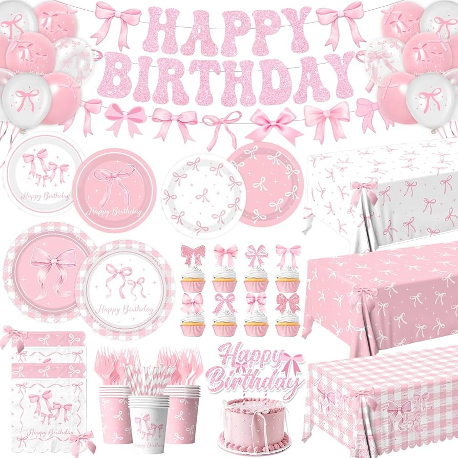 Pink Bow Birthday Decorations Serve 24, Coquette Birthday Decorations Tableware Sets Include Plat... | Amazon (US)