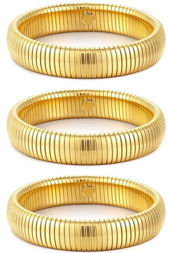 JUNYANGY Gold Bangles for Women Set of 3 Chunky Stretch Bangles Bracelets 24K Gold Plated Stainless Steel Bracelets Flexible Wide Stack Bracelets Designer Look Alike Jewelry for Women (12mm Gold) | Amazon (US)