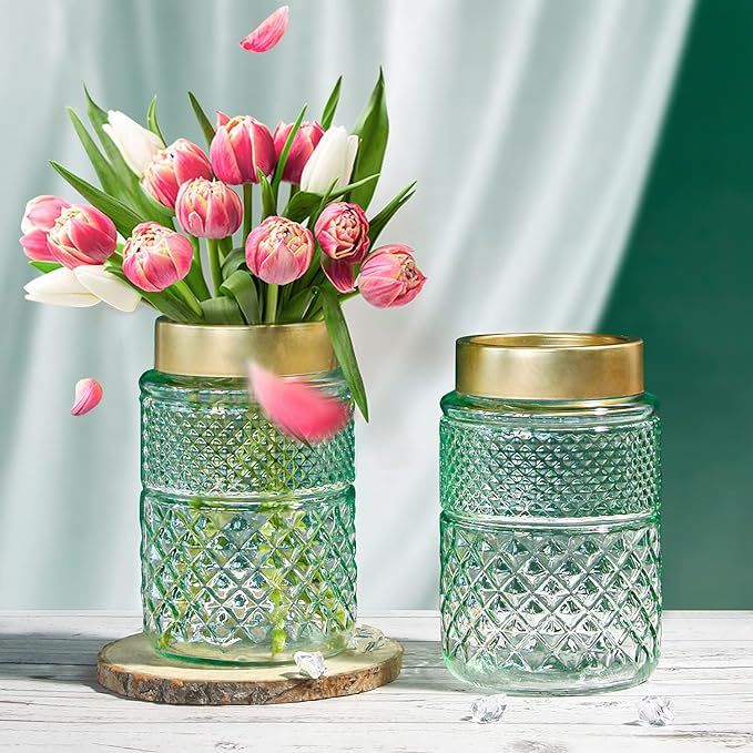 2-Pack Flower Vase Glass, Green Fluted Vase with Golden Metal Top, Stylish Decorative for Tableto... | Amazon (US)