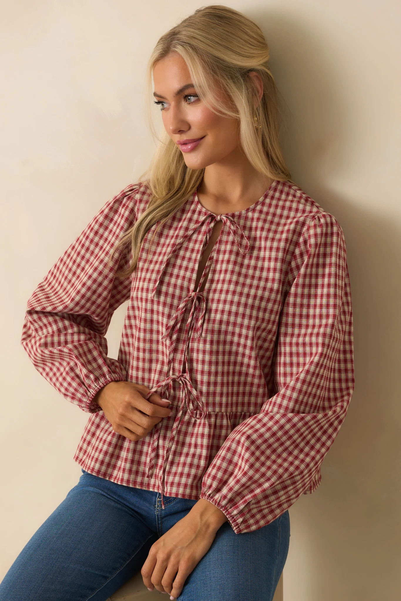 Her Own Thing Red Gingham Long Sleeve Bow Front Peplum Top | Red Dress