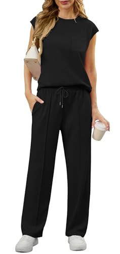 GRECERELLE 2 Piece Sets For Women Summer 2026 Outfits Lounge Sets Sleeveless Sweatsuits Matching Wide Leg Tracksuits With Pockets Black-2XL | Amazon (US)