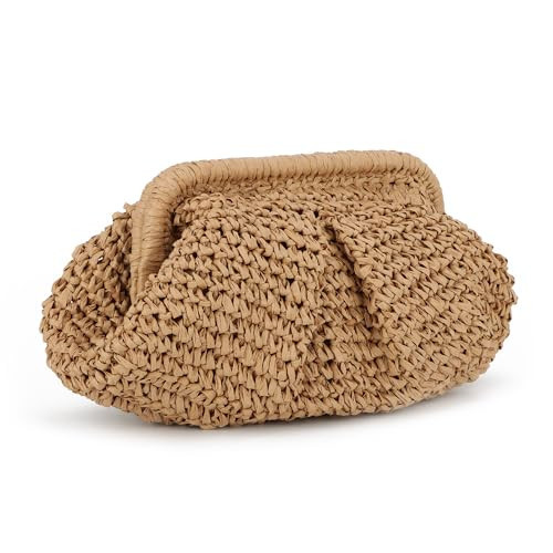 LUI SUI Straw Dumpling Clutch Bag Woven Straw Tote Straw Clutch Purse for Women Summer Beach Bag Wicker Clutch, Khaki | Amazon (US)