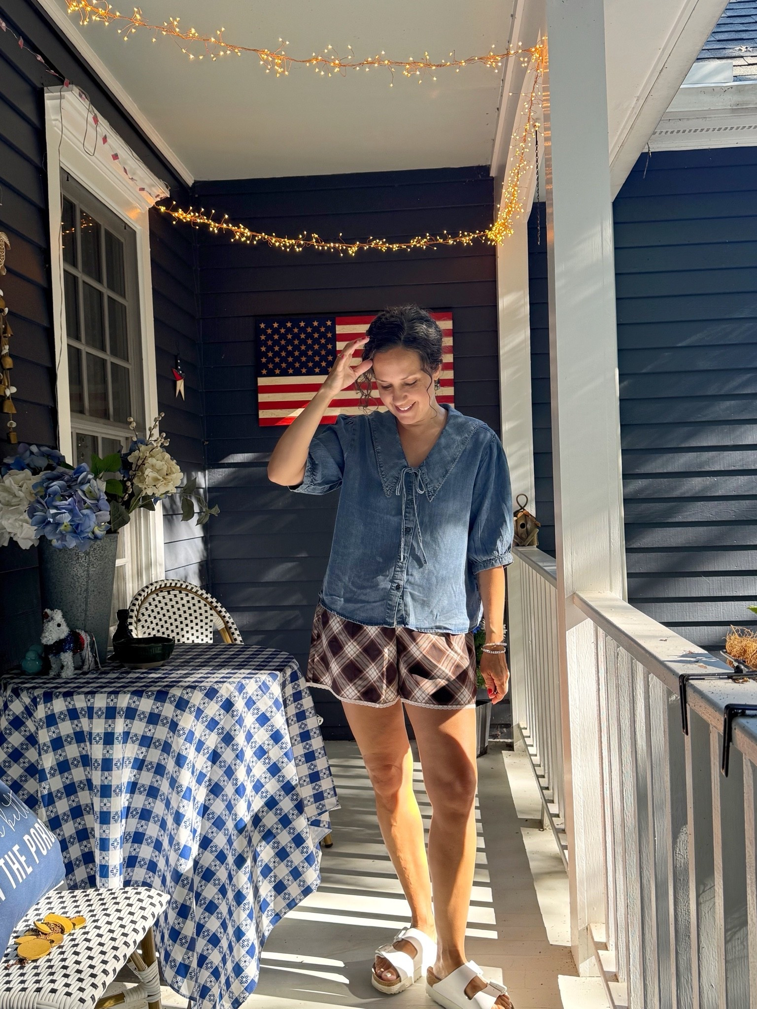 Second way to wear a cute denim blouse! I’m so comfy! 
TJ Maxx denim blouse, Aerie sleep shorts I’m wearing all day, vegan white Birkenstock sandals.

#LTKootd #LTKSeasonal #LTKOver40