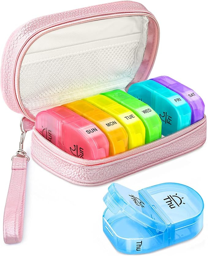 Cute Pill Organizer 2 Times a Day, PU Leather Pill Case for Women, Portable Weekly Pill Box for P... | Amazon (US)