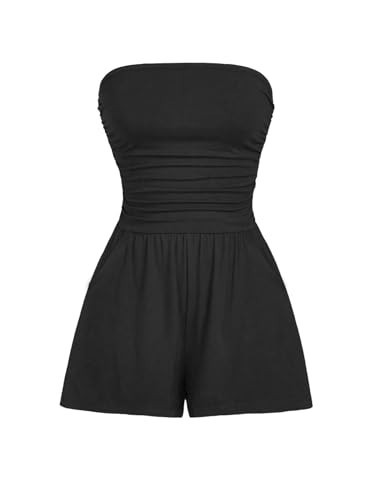 AUXDIO Women Summer Casual Strapless Romper Sleeveless Off Shoulder Short Jumpsuits 2025 Beach Vacation Clothes Black Medium | Amazon (US)
