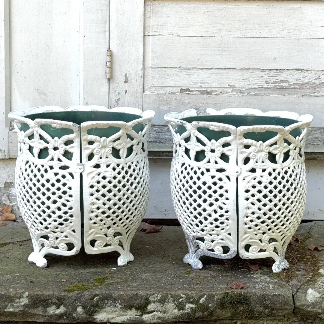 2 antique planters ~ 14" cast aluminum matching pair of vintage planters ~ flower pots ~ decorati... | Etsy (US)