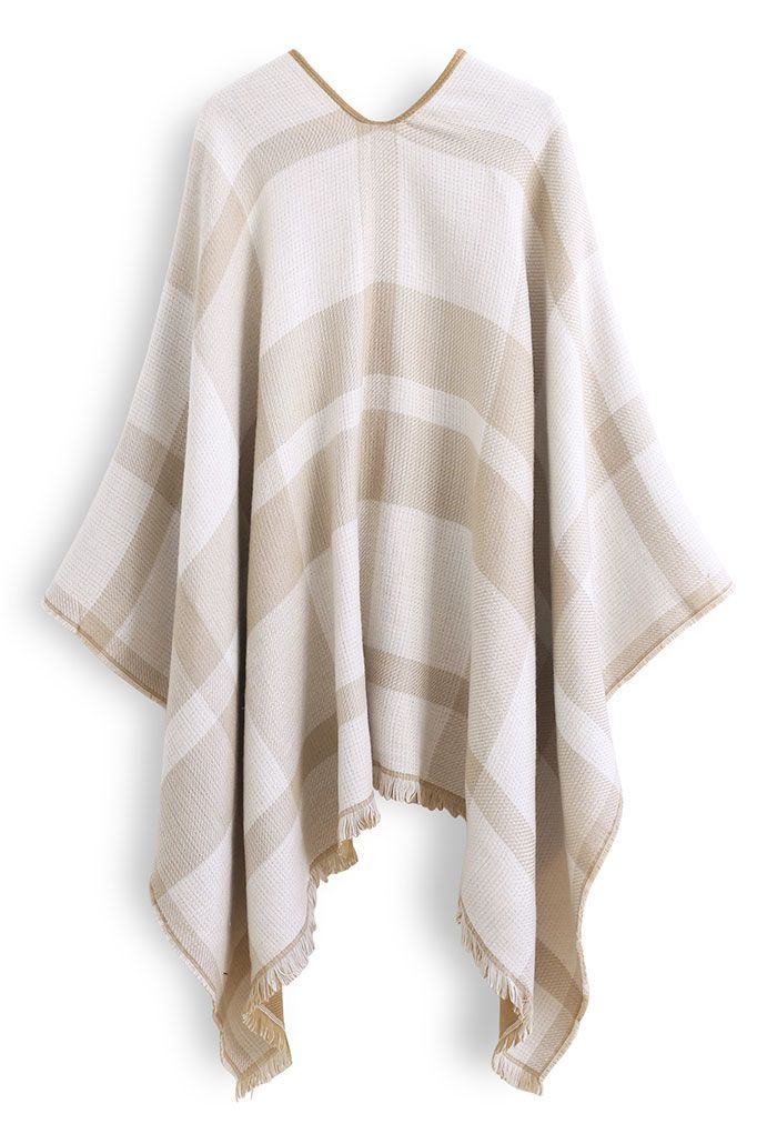 Single-Sided Check Print Reversible Poncho in Ivory | Chicwish
