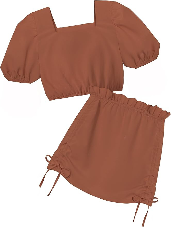 Queenstyle Girl Clothes Puff Sleeve Crop Top Skirt set 2 Piece Outfit for Girls Summer Outfits 4-... | Amazon (US)