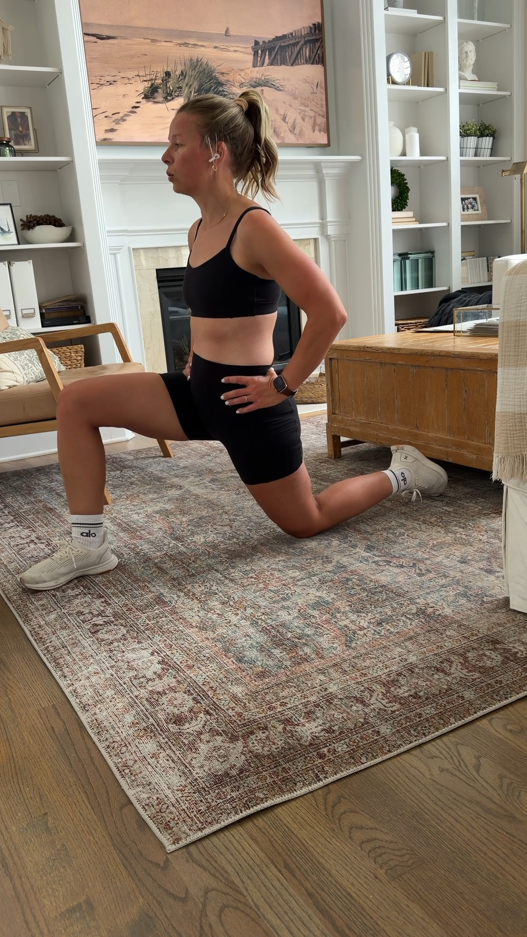 Black on black workout OOTD. Love that the sports bra just has a thin layer of molded padding (no removable cups) and the shorts stay put and have pockets on the side! These socks and shoes are the GOAT as well. Wide toe box? Yes, please.

#LTKfitnessgoals #LTKmorningroutine #LTKActive