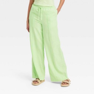 Women's High-Rise Wide Leg Linen Pull-On Pants - A New Day™ Green M | Target
