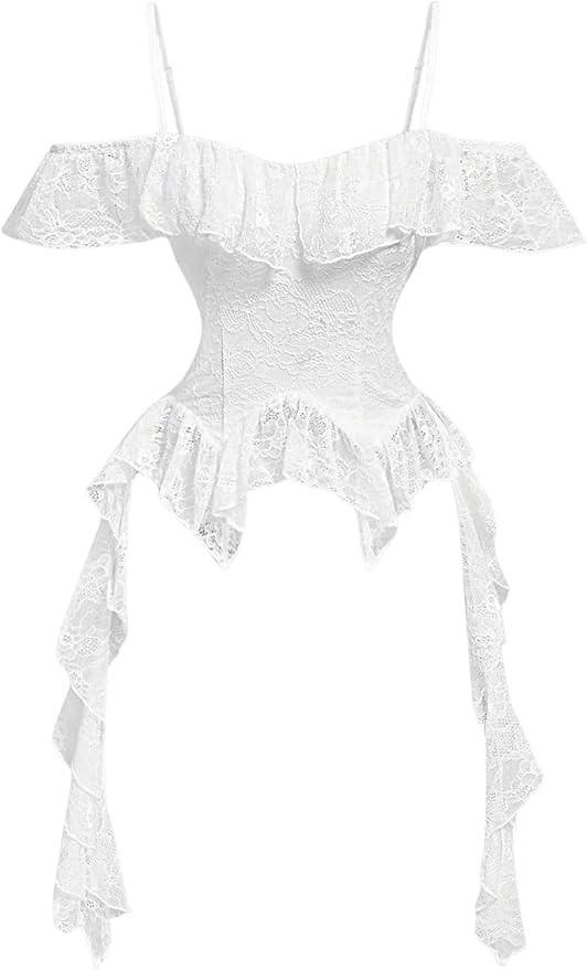 SOLY HUX Women's Cold Shoulder Lace Sheer Irregular Ruffle Trim Crop Tops Y2k Coquette Shirt Top | Amazon (US)