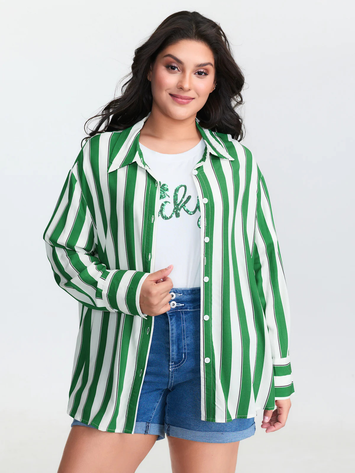 Striped Print Pleated Button-Down Shirt | Bloomchic