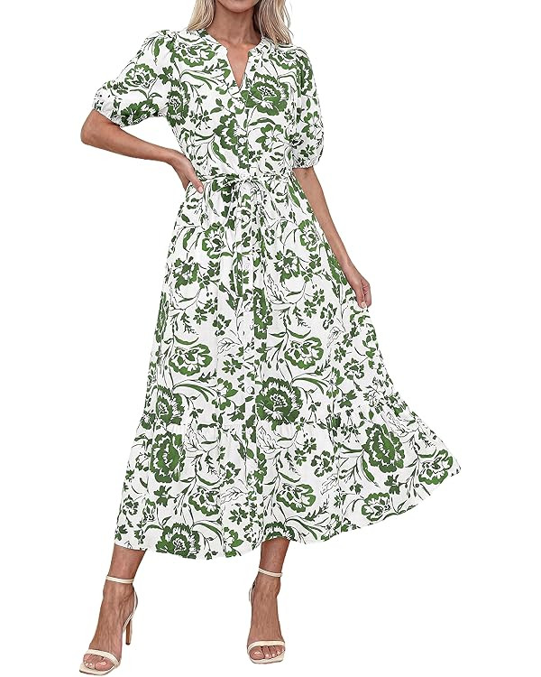 Okiwam Summer Dresses for Women 2026 Casual V Neck Short Sleeve Boho Floral Midi Dress Button Dow... | Amazon (US)