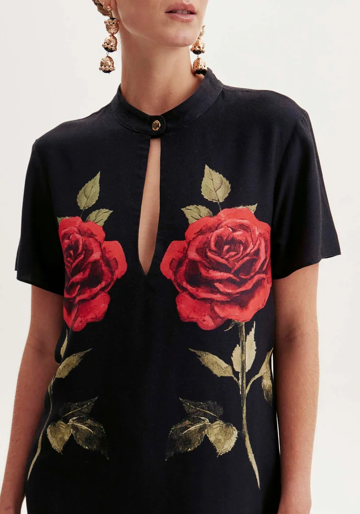 Vestido Preto Lança Perfume Manga Curta Estampa | ZZ Mall (BR)