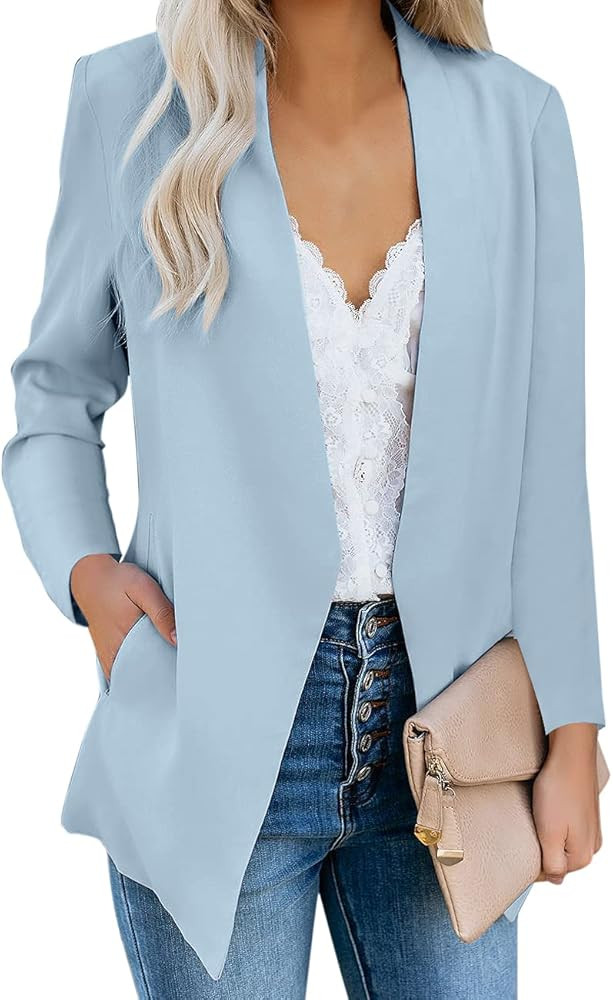 Vetinee Women's Open Front Pockets Blazer Long Sleeve Work Office Cardigan Jacket | Amazon (US)