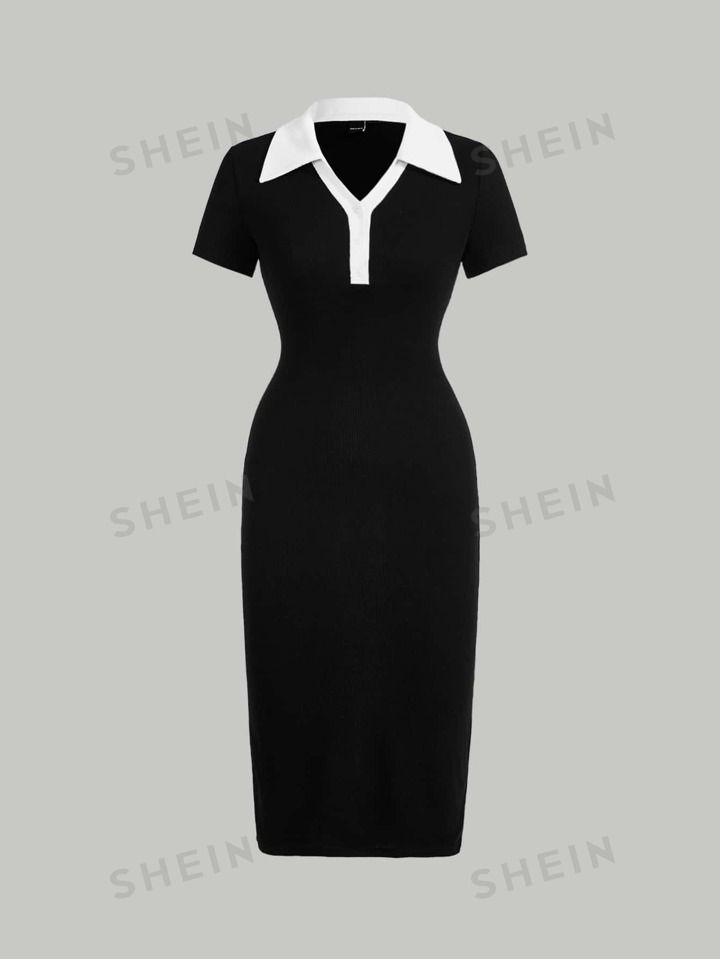 SHEIN MOD Preppy Style Black And White Contrast Collar Button Front Dress | SHEIN