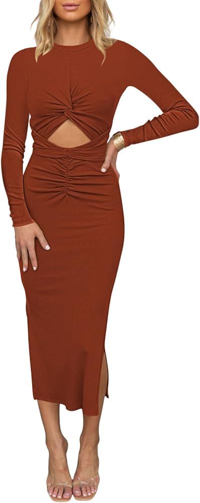 Meenew Women's Sleeveless Summer Long Bodycon Dress Twist Cutout Midi Sheath Dress Ruched Tie Bac... | Amazon (US)