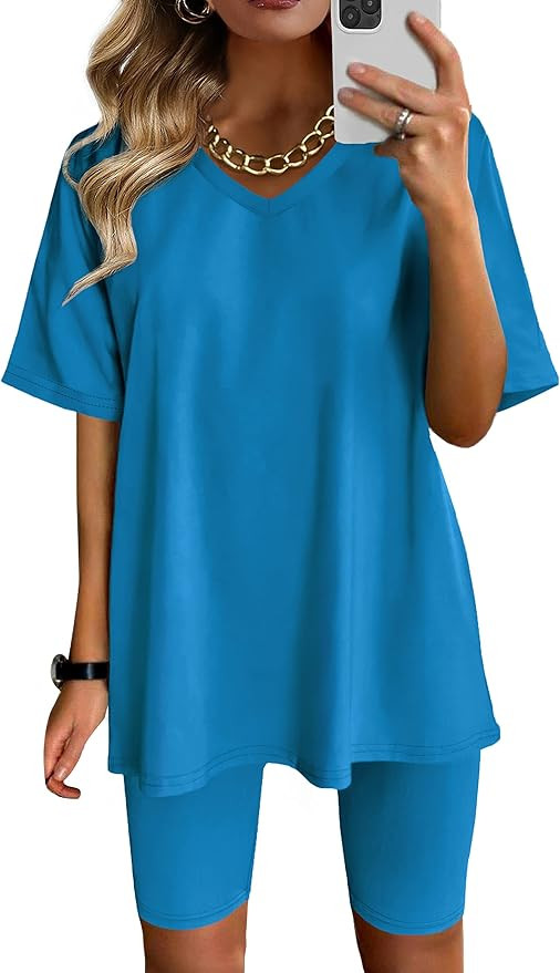 Two Piece Outfits For Women Summer V Neck T-Shirt Tops Biker Shorts Workout Sports Tracksuit | Amazon (US)