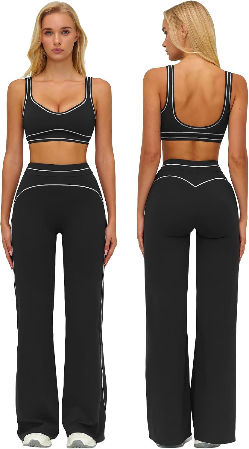 ABOCIW Two Piece Workout Sets for Women Racerback Tank Top Matching High Waist Wide Leg Yoga Pants Pilates Outfits | Amazon (US)