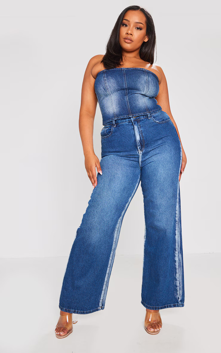 Plus Indigo Blue Wash Washed Down Wide Leg Jeans | PrettyLittleThing US