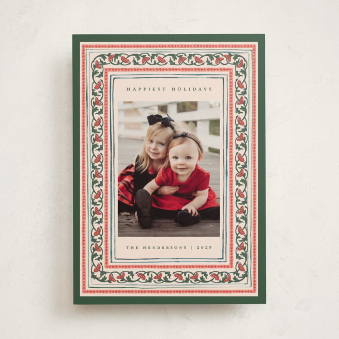 "Festive Block Print" - Customizable Holiday Photo Cards in Beige or Green by Teju Reval. | Minted