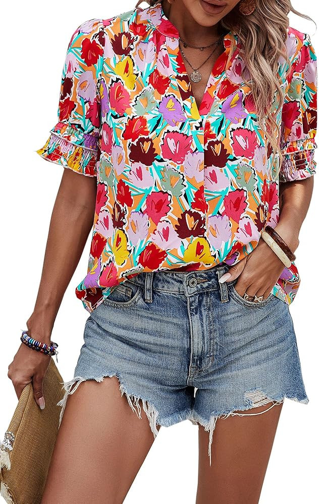 Angashion Womens Tops, Summer Casual Short Sleeve V Neck Solid Flowy Top Loose Tunic Blouses Shir... | Amazon (US)