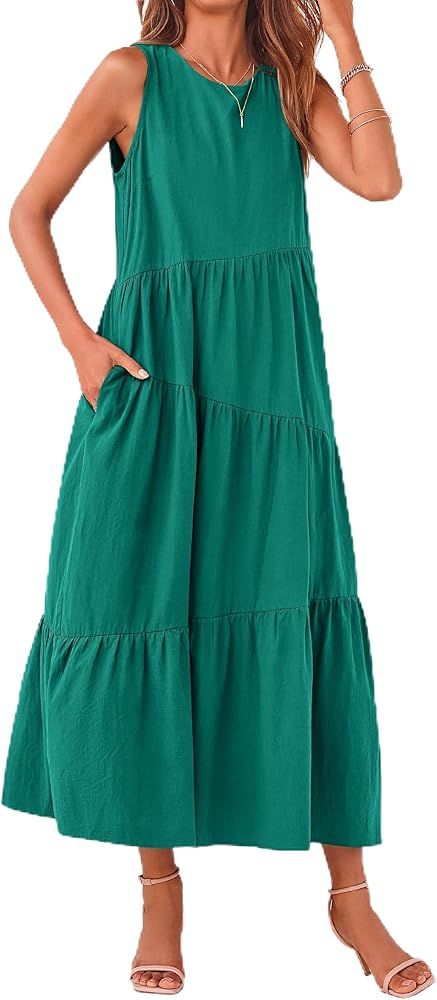 PRETTYGARDEN Womens 2024 Casual Summer Sleeveless Long Flowy Tiered Midi Dress With Pockets | Amazon (US)