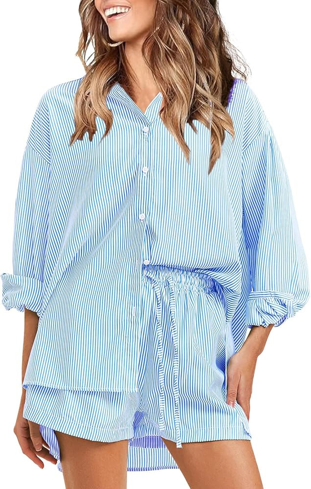 EXLURA Women's Summer 2 Piece Sets Long Sleeve Button Down Shirts Matching Short Sets Beach Vacat... | Amazon (US)