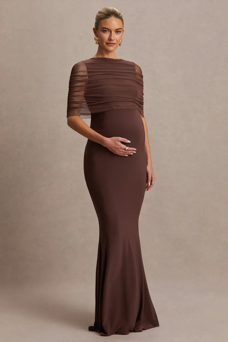 Zaria  Brown Crew-Neck Maternity Maxi Dress With Cape-Overlay | Club L London
