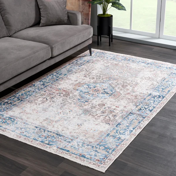 Washable Non-Slip Traditional - Beige / Ocean Blue Rug | Wayfair North America