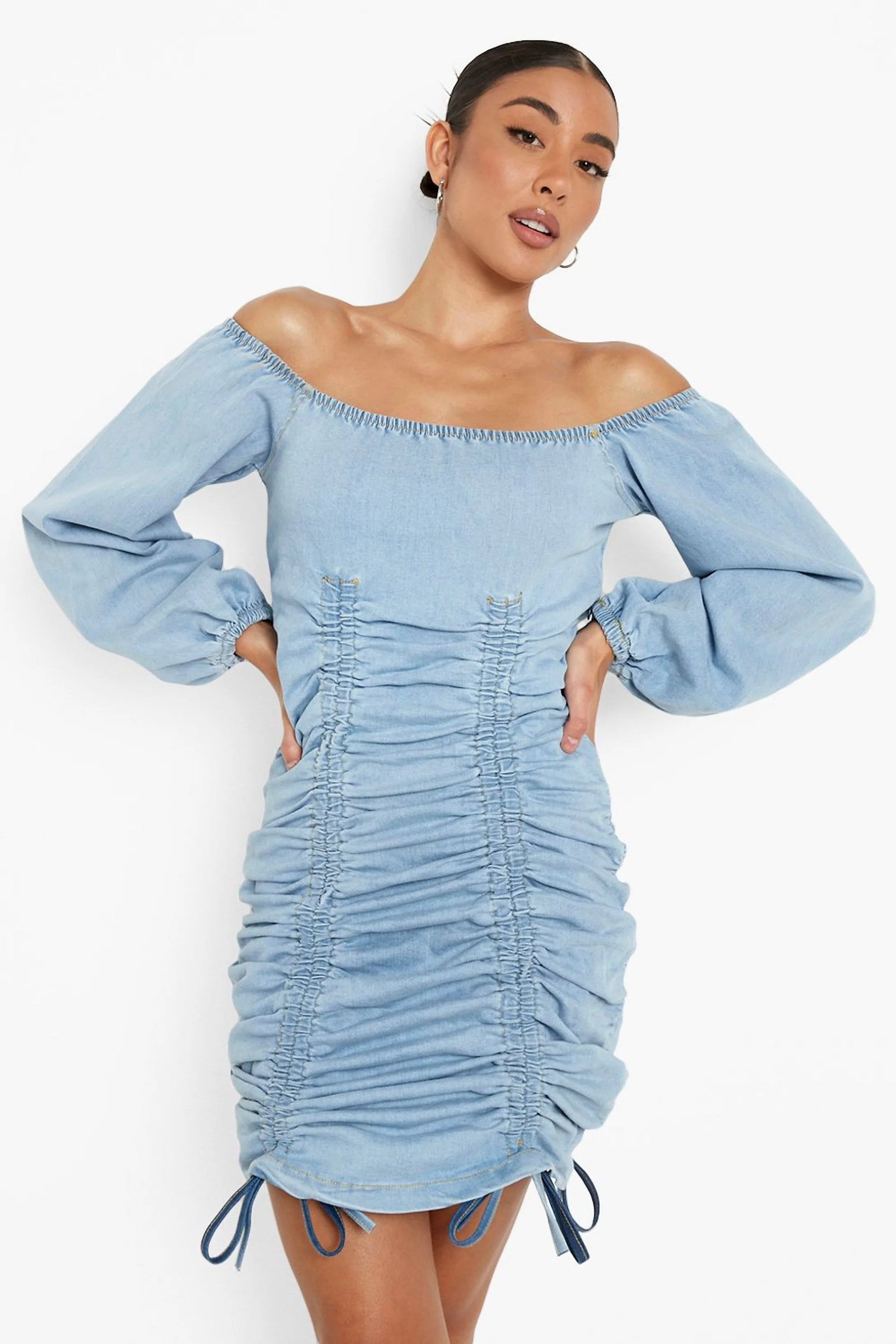 Ruched Down Balloon Sleeve Off The Shoulder Denim Dress | Boohoo.com (US & CA)