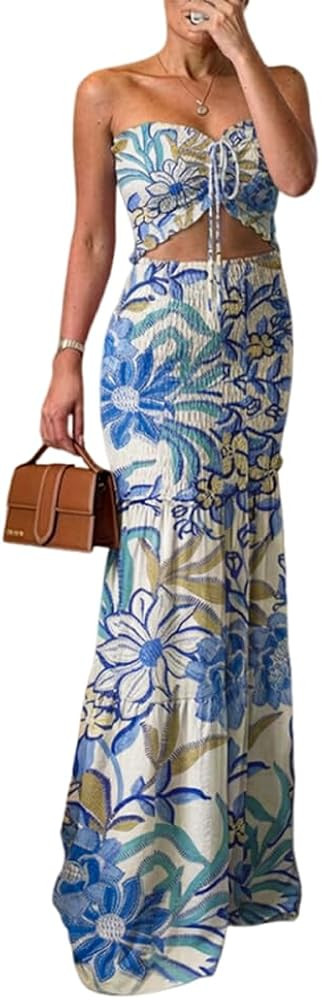 CHICME Floral Printed Prom Dress Tie Ruched Shirred Bandeau Party Dress Slim Fit Ruffle Hem Vacat... | Amazon (US)