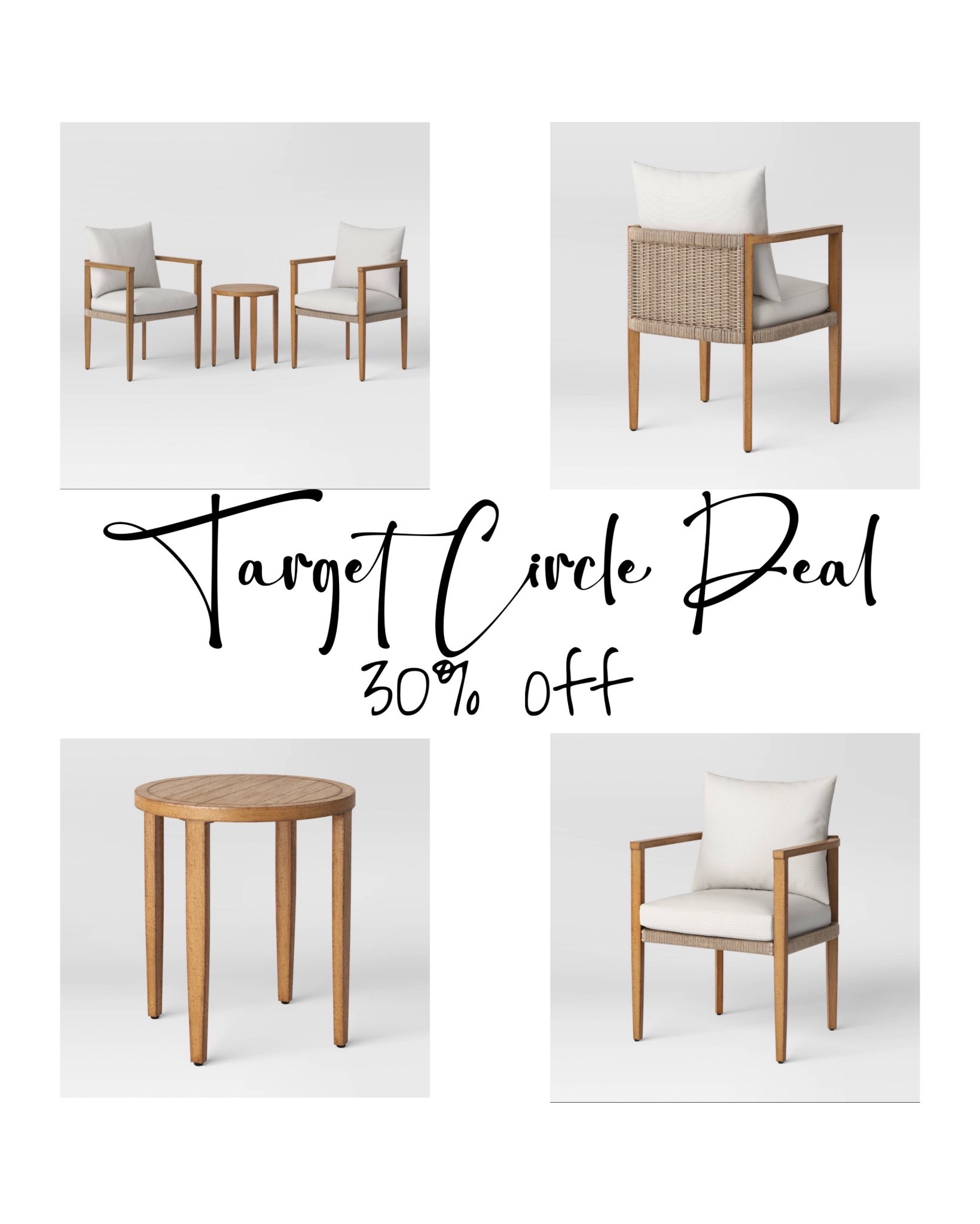 Kick back and relax on your patio with a friend or loved one with this 3-Piece Pasadena Patio Chat Set from Threshold™ designed with Studio McGee. This patio seating set includes two armchairs and an accent table, all designed in natural brown colors. The chairs have wicker-weave seats and backs and come with loose seat and back cushions, while the accent table features a round, slatted tabletop. Best of all, all three pieces are designed with a weather-resistant construction that makes them suitable for year-round use.

Threshold™ designed with Studio McGee: Looks like home, feels like you. Target Circle Deals, Outdoor furniture sale, spring porch decor, Target outdoor finds 

#LTKSeasonal #LTKHome #LTKFamily